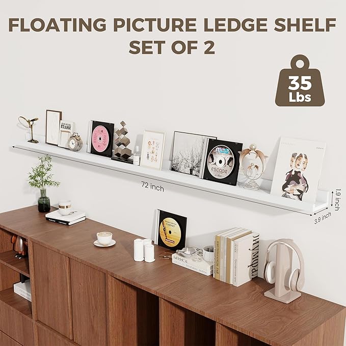 Axeman 72 Inch Floating Shelves | Picture Ledge Shelf Set of 2 | White Wall Shelves with Lip | White Picture Shelf for Wall with Ledge | Photo Ledges 72 Inch