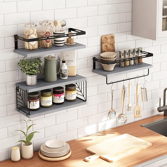 Fixwal 3+1 Tier Wall Mounted Bathroom Shelves Over Toilet, Rustic Wood Floating Shelves with Metal Frame and Towel Bar for Bathroom, Kitchen, Bedroom, Living Room (Gray)