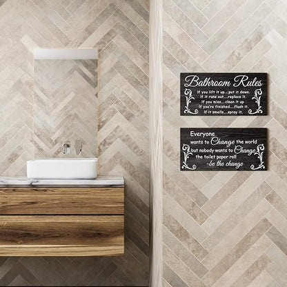 Jetec 2 Pieces Funny Bathroom Signs Bathroom Wall Decor Toilet Wall Accessories Farmhouse Toilet Rustic Wooden Signs, 12x6 Inch(Dark Style)