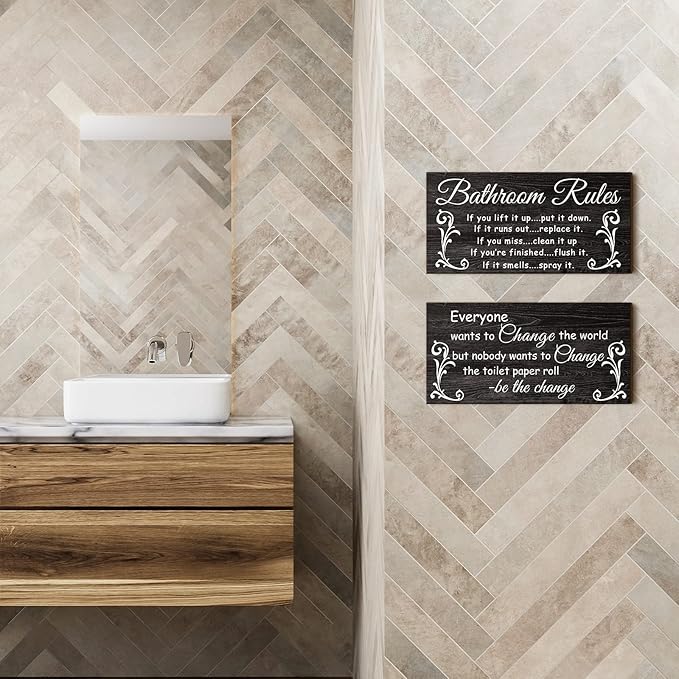 Jetec 2 Pieces Funny Bathroom Signs Bathroom Wall Decor Toilet Wall Accessories Farmhouse Toilet Rustic Wooden Signs, 12x6 Inch(Dark Style)