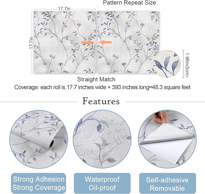 VaryStyle 17.7"x393" Tree Branches Peel and Stick Wallpaper Grey Blue Twigs with Leaf Linen Look Wallpaper Waterproof Vinyl Grey Contact Paper Vintage Tree Wall Paper for Kitchen Living Room Walls