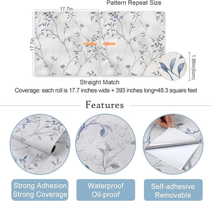 VaryStyle 17.7"x393" Tree Branches Peel and Stick Wallpaper Grey Blue Twigs with Leaf Linen Look Wallpaper Waterproof Vinyl Grey Contact Paper Vintage Tree Wall Paper for Kitchen Living Room Walls