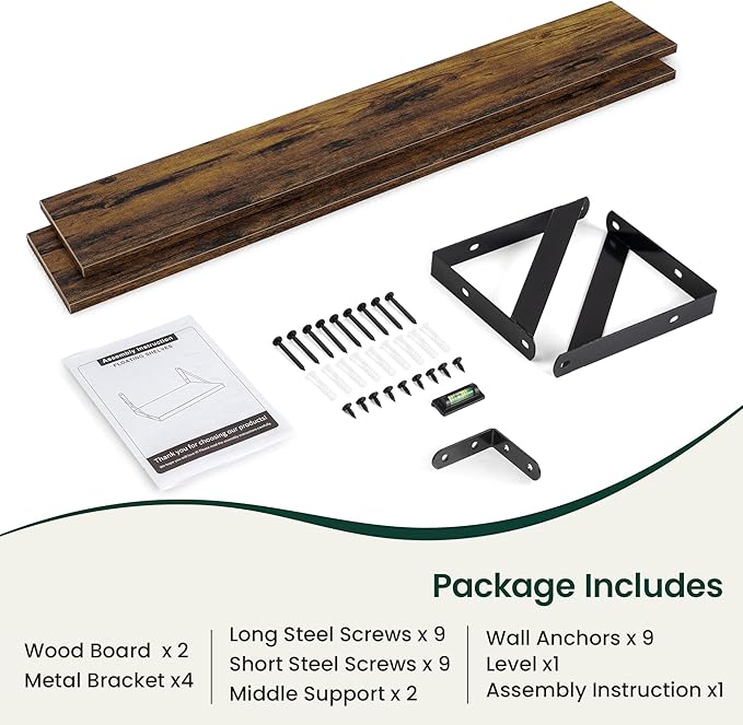 Floating Shelves, 8 Inch Deep Rustic Wood Wall Storage, 48W x 8D Wall Shelves Set of 2, Heavy Duty Metal Brackets, Industrial Book Shelf for Living Room, Kitchen, Bathroom, Bedroom, Brown