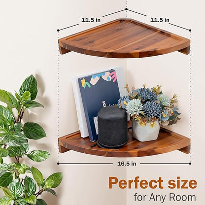 Demigo Floating Round Corner Shelves for Wall 2pcs - Acacia Wood Wall-Mounted Storage Shelves for Home Decor, Space Saving Displays for Living Room, Kitchen, Office, and Bedroom (Natural Brown)