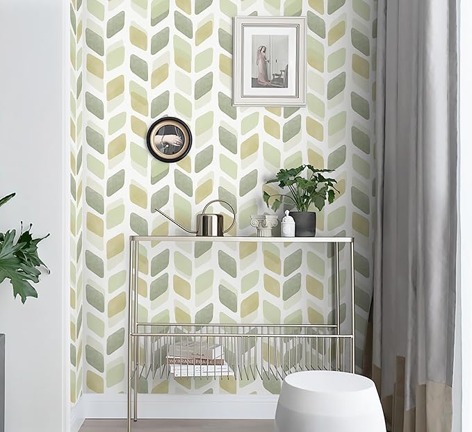 Boho Peel and Stick Wallpaper Checkered Contact Paper Neutral Geometric Wall Paper Modern Self Adhesive Removable Wallpaper for Bathroom Kitchen Cabinets Waterproof(Green/Yellow,17.3in X 32.8ft)