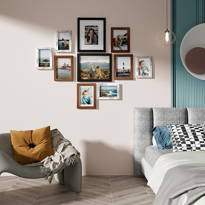 Vittanly 10 Pack Picture Frames, Picture Frames Collage Wall Decor with Two 8x10, Four 5x7, Four 4x6 Frames, Gallery Wall Frame Set for Wall or Tabletop Display, Black, Walnut Brown, Distressed White