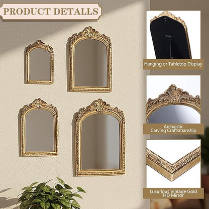 Thyle 4 Pcs Vintage Gold Antique Mirror Set Arch Retro Resin Baroque Decorative Makeup Mirror Square Hanging Wall Desk Tabletop Room Bedroom Bathroom Gallery (13x9 10x7 8x5 7x4)(Light Color)
