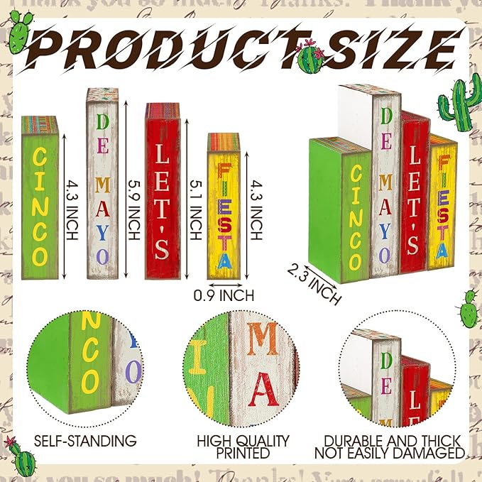 4 Pcs Cinco De Mayo Decor Wooden Books Stack Mexican Table Decorations Rustic Fiesta Tiered Tray Decor Sombrero Cactus Red Chili Centerpiece for Fiesta Mexican Birthday Party Decoration