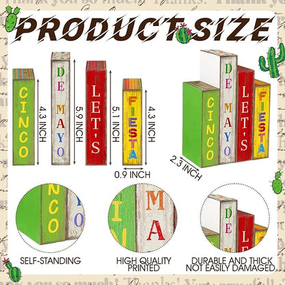 4 Pcs Cinco De Mayo Decor Wooden Books Stack Mexican Table Decorations Rustic Fiesta Tiered Tray Decor Sombrero Cactus Red Chili Centerpiece for Fiesta Mexican Birthday Party Decoration