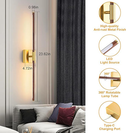 40″ Walnut Battery Operated Wall Sconces Set of Two, Dimmable Wall Sconce with Remote Control, Rechargeable Sconces Wall Lighting, LED Wireless Wall Lights for Bedroom, Living Room