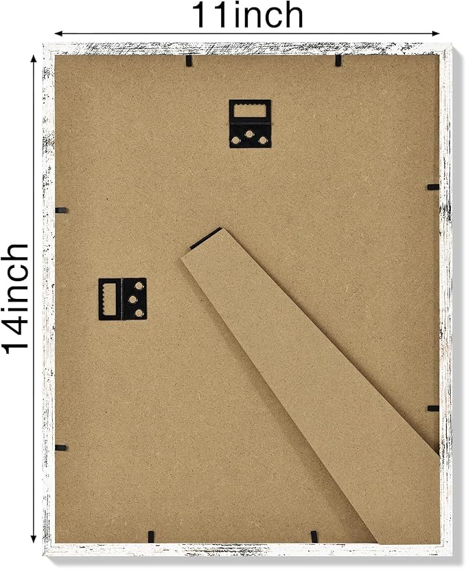 Vittanly 11x14 Picture Frame Set of 4, Display Pictures 8x10 with Mat or 11x14 without Mat, Engineered Wood with HD Plexiglass, Gallery Photo Frames for Wall or Tabletop Display, Distressed White