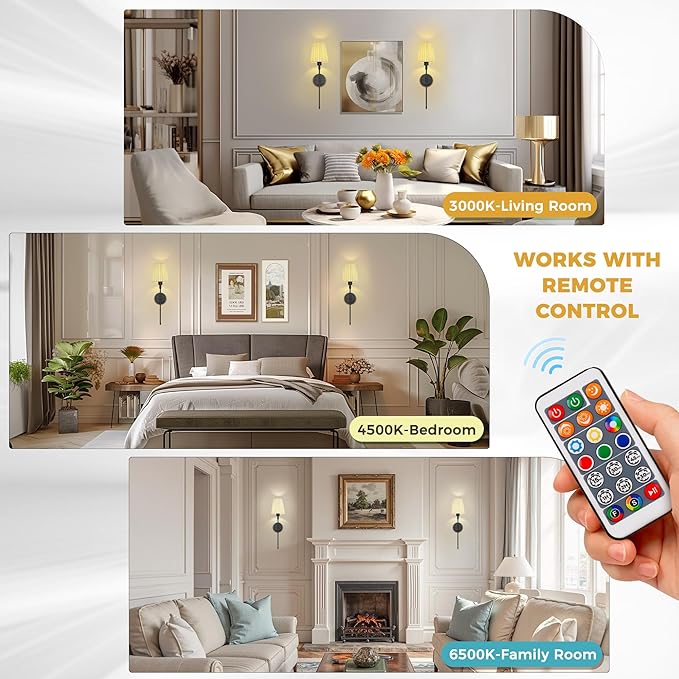 DORESshop Battery Operated Wall Sconce Set of 2, 10 Color Wireless Wall Light Easy to Install, Sconce Wall Decor Set of 2 for Bedroom, Living Room, Pleated Fabric Shade, Black, 24.6in