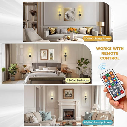 DORESshop Battery Operated Wall Sconce Set of 2, 10 Color Wireless Wall Light Easy to Install, Sconce Wall Decor Set of 2 for Bedroom, Living Room, Pleated Fabric Shade, Black, 24.6in