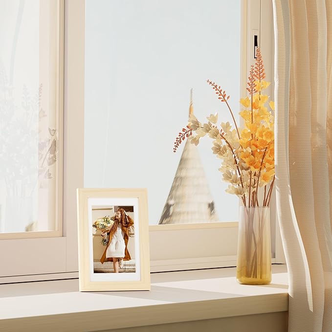Vittanly 4x6 Picture Frame Set of 4, Display Pictures 3.5x5 with Mat or 4x6 without Mat, Photo Frames for Wall or Tabletop Display, Engineered Wood with Shatter Resistant Plexiglass, Natural Wood