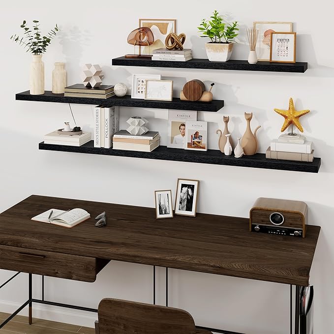 Fun Memories 72Inch Floating Shelves,Wall Mounted Rustic Wood Floating Shelf with Invisible Brackets for Storage & Decor,2 Pack Shelves for Bathroom,Bedroom and Kitchen,Black