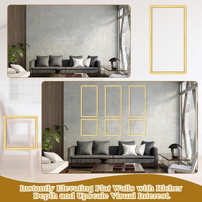 3 Set Gold White Peel and Stick Wall Molding Kit 6 Frame Premade Wainscoting Accent Panel Ready to Assemble 3D Wall Panels Trim for Interior Mirror Home Molding Decor, 54 x 24 Inch