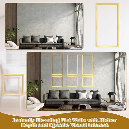 3 Set Gold White Peel and Stick Wall Molding Kit 6 Frame Premade Wainscoting Accent Panel Ready to Assemble 3D Wall Panels Trim for Interior Mirror Home Molding Decor, 54 x 24 Inch