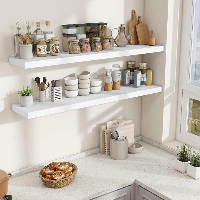 Fun Memories 55 Inch Fireplace Mantel Shelf, 10 Inch Deep Shelves for Display & Wall Storage, Rustic Wood Wall Shelf, Extra Long Floating Shelves for Living Room Laundry Room, White, Set of 1
