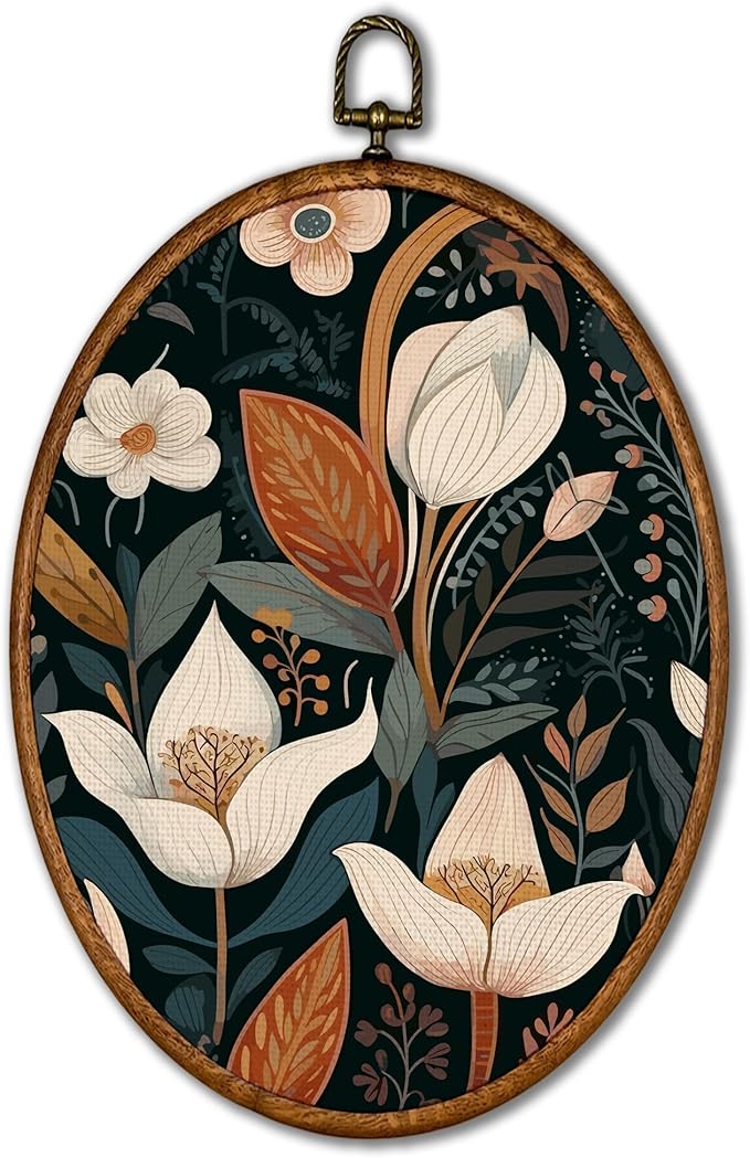 KSDUT Flower Wall Art Decor - Botanical Neutral Mid Century Modern Wall Art Canvas Frame Hanging Prints, Vintage Landscape Oval Wall Art Decor for Home Decorations 8.6