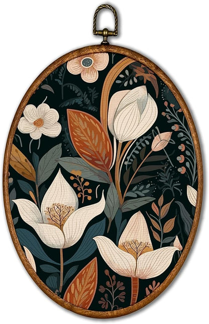 KSDUT Flower Wall Art Decor - Botanical Neutral Mid Century Modern Wall Art Canvas Frame Hanging Prints, Vintage Landscape Oval Wall Art Decor for Home Decorations 8.6"x11.4"