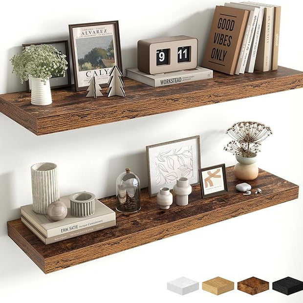 Fun Memories Floating Shelves for Wall 36 Inches, Wood Shelves with Invisible Bracket, 10" Deep Shelves Wall Mounted, Large Floating Shelves for Living Room Bathroom, Rustic Brown, Set of 2