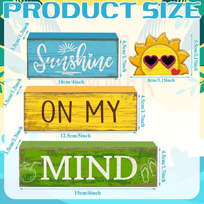 4 Pcs Summer Table Decor Wooden Sunshine Beach Tiered Tray Decor Rustic Farmhouse Sunshine Block Signs Gifts Summer Table Centerpieces for Home Kitchen Coffee Bar Shelf Office Decorations