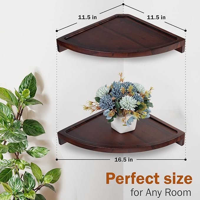Demigo Floating Round Corner Shelves for Wall 2pcs, Acacia Wood Wall-Mounted Storage Shelves for Home Decor, Space Saving Displays for Living Room, Kitchen, Office, and Bedroom (Dark Brown)
