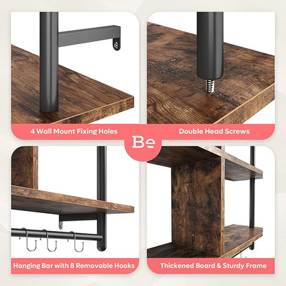 Bestier 41.5" Floating Shelves for Wall 3 Tier Kitchen Shelves Wall Mounted Coffee Bar Shelf Hanging Shelf with 8 Hooks, Industrial Display Pipe Shelving for Kitchen Living Room Bathroom, Rustic Brown