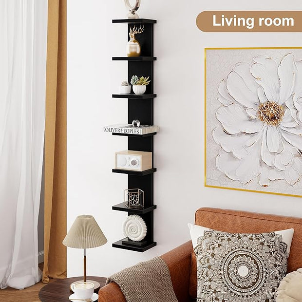 Fun Memories 7 Tier Wall Shelf Unit, Black Floating Shelves for Storage - Vertical Column Tower Design, Lack Wall Shelf Space Saving Organizer for Bedroom, Living Room, Home Decor