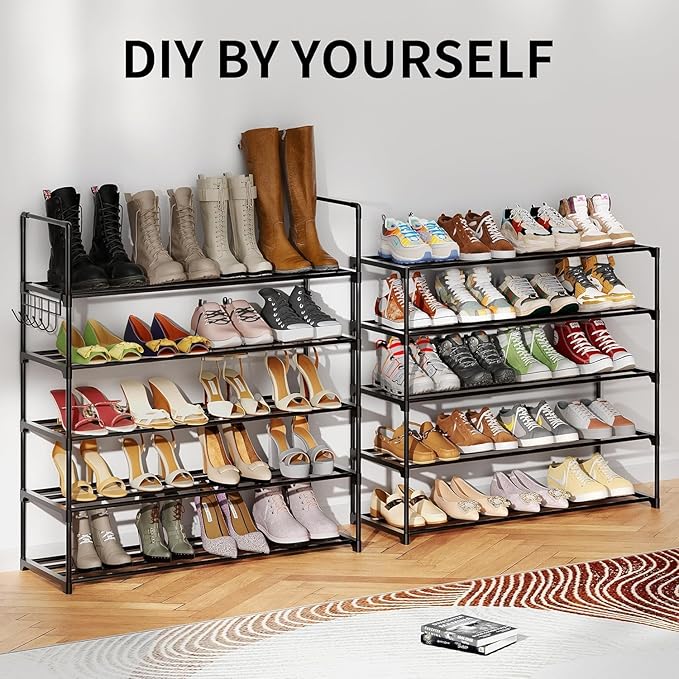 Metal Shoe Organizer,5 Tiers Shoe Storage Shoe Rack with Hooks,Fit 20-25 Pairs,Adjustable Shoe Shelf for Entryway,Hallway,Bedroom,Metal Bottom Support
