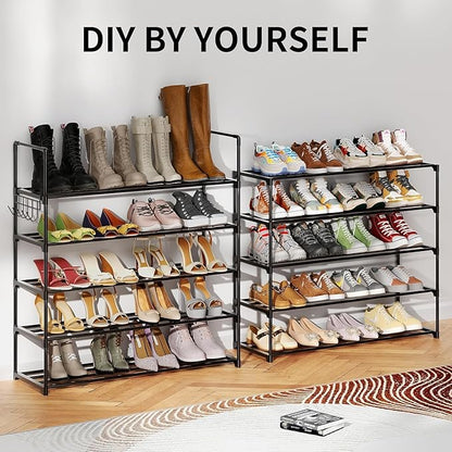 Metal Shoe Organizer,5 Tiers Shoe Storage Shoe Rack with Hooks,Fit 20-25 Pairs,Adjustable Shoe Shelf for Entryway,Hallway,Bedroom,Metal Bottom Support
