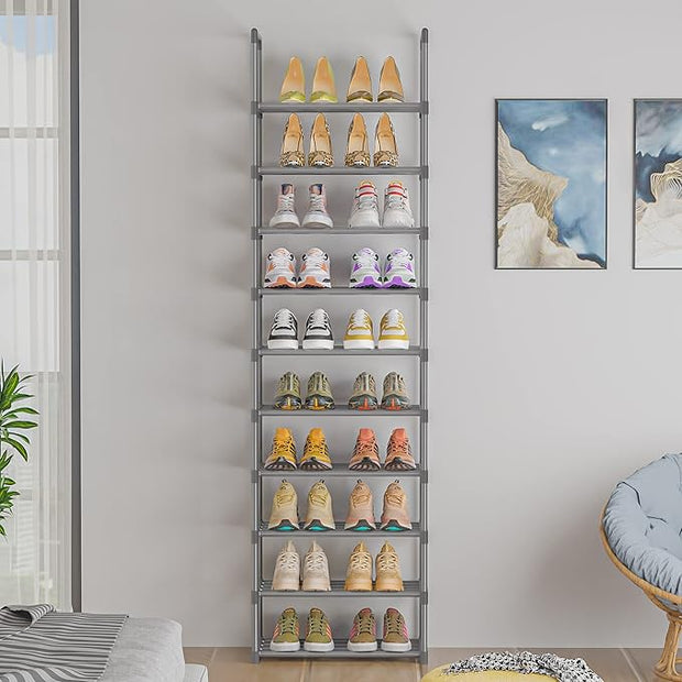 OYREL 10-Tier Metal Shoe Rack, Narrow Shoe Rack Organizer, Sturdy Shoe Shelf for Closets, Entryway, Bedroom, Garage - Silver