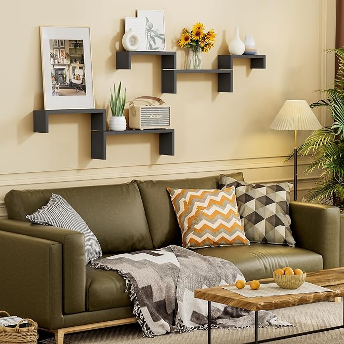 SRIWATANA Floating Shelves for Wall, Wall Shelves for Bathroom, Bedroom, Living Room, Kitchen, Office, Wood Shelves for Home Decor Set of 5 (Weathered Black)