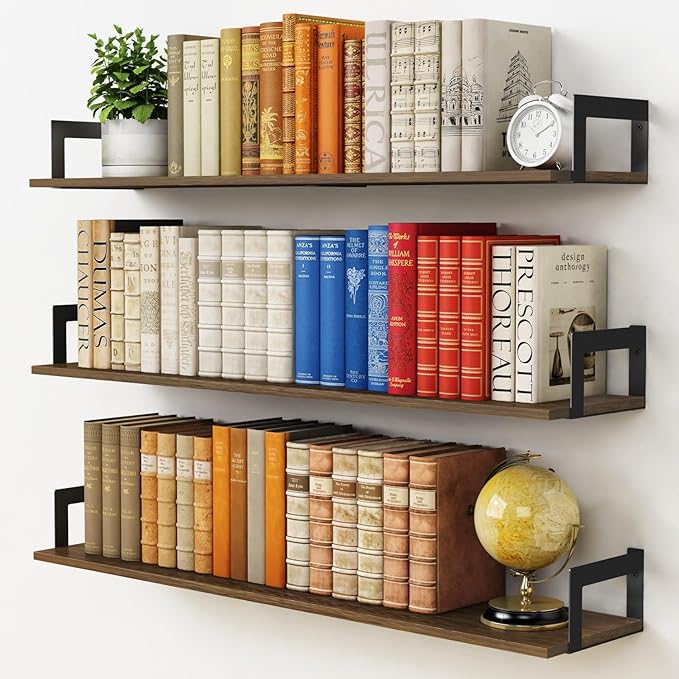 Floating Shelves for Wall 36 Inches Long 8 Inch Deep, Large Wall Book Shelves for Bedroom, Rustic Wood Hanging Bookshelf for Living Room Office Kitchen Closet Organizers and Storage - Set of 3