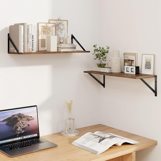 Heimlove Deep Floating Shelves for Wall, 24W x 8D Wood Wall Shelves Set of 2, Wide Floating Bookshelf for Living Room, Kitchen, Office, Bedroom and Decor Storage, with Metal Bracket - Rustic Brown