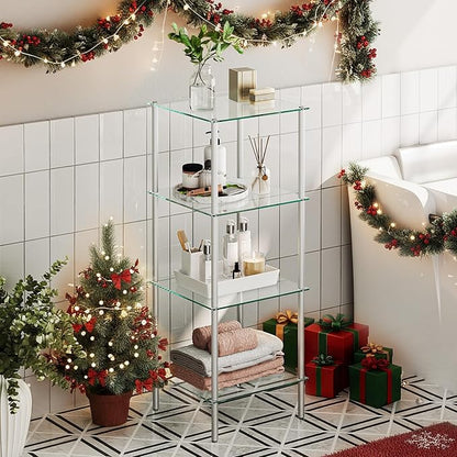 HOOBRO Glass Shelf, 4 Tier Bathroom Standing Shelf Unit, Tempered Glass Shelving Stand for Small Space, Perfume Stand Organizer, Space-Saving, for Bathroom, Bedroom, Steel Frame, Silver SV04CJ01