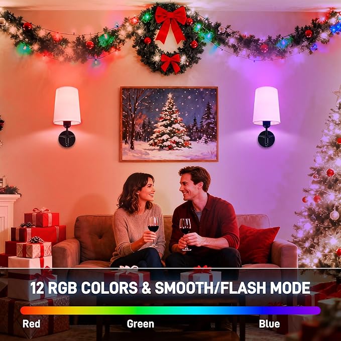 Battery Operated Wall Sconces Set of Two, Wireless Wall Sconces with Remote Control, 3CCT Dimmable Rechargeable Wall Lights, Black Wall Lamps for Bedroom, Living Room, RGB Bulbs Included, ETL Listed