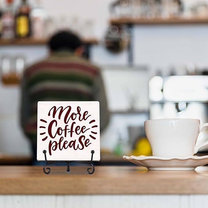 Coffee Bar Decor, Farmhouse Kitchen Table Decor, Coffee Station Accessories, Wooden Decorative Sign with Iron Stand for Table Desk Shelf Display-E27