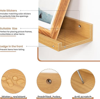Fun Memories Picture Ledge Shelves Set of 2, 24 Inch Rustic Wall Mounted Floating Shelves with Lip for Home Storage and Décor in Bathroom, Kitchen, Nursery, Bedroom, Living Room, Oak