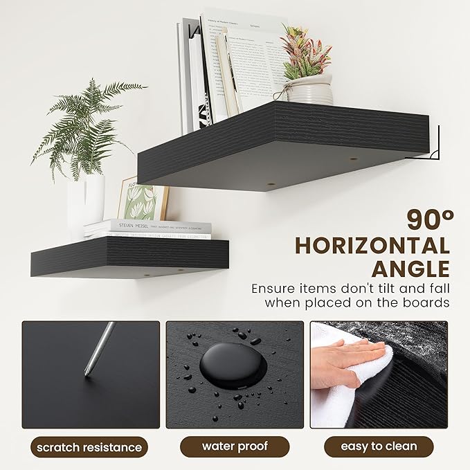 12 Inch Deep Floating Shelves | 24 Inch Black Floating Shelves | 24W x 12D Rustic Black Wall Shelves | Deep Shelves for Living Room Bathroom Kitchen Bedroom