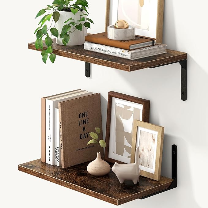 Fun Memories Deep Floating Shelves, 16W x 8D Floating Shelves Set of 2, Wall Mounted Shelf with Metal Brackets, Rustic Wood Wall Shelf for Bathroom, Kitchen and Living Room, Rustic Brown