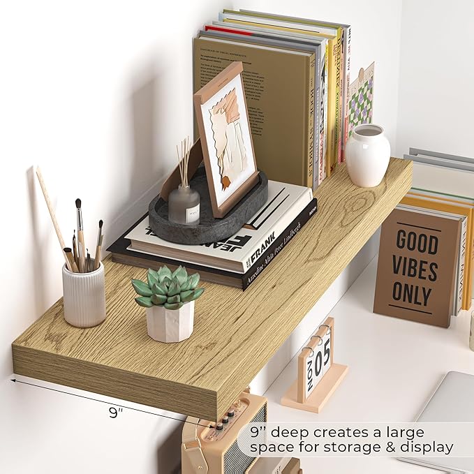 Fun Memories Floating Shelves - 24 Inch Rustic Wooden Wall Shelves - Extra Deeper & Thicker Wall Mounted Storage Shelf for Living Room, Kitchen, Farmhouse - 24