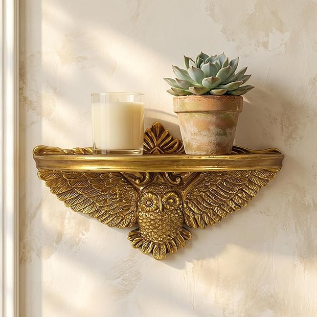 American Art Decor Vintage Ornate Resin Owl Bird Manor Floating Wall Mounted Shelf in Antique Gold - Shabby Chic Baroque Decor Ledge for Small Displays