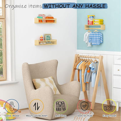 Floating Nursery Book Shelves for Wall, Natural Wood Wall Bookshelf for Kids Room Bedroom, Small Wooden Hanging Baby Book Shelf and Toy Organizer for Nursery Girl Boy Toddler Child - Set of 3