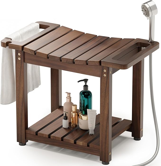 BLUEWEST Shower Bench Seat with Storage Shelf, Natural Wood Shower Benches for Inside Shower to Sit on, Waterproof Bathroom Spa Bench Stool for Legs Shaving with Built-in Handle & Shower Head Holder
