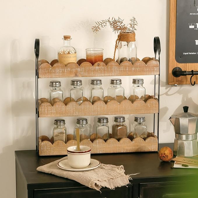Farmhouse Spice Rack for Countertop 3 Tier Wooden Spice Shelf Organizer for Kitchen Cabinet, Counter or Pantry Space Saving Free Standing Spice Holder for 24 Jars, White