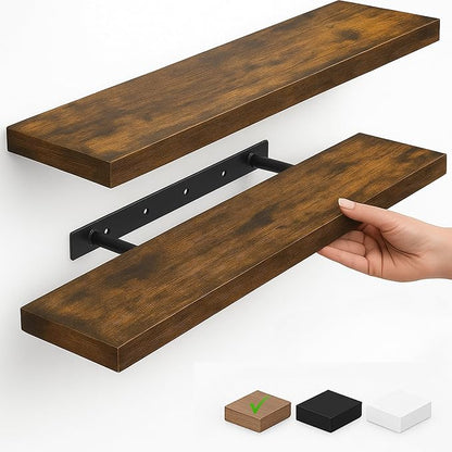 Vervida® Floating Shelves for Wall, Wall Mounted Shelf Set of 2, 24" Hanging Shelf with Invisible Brackets, for Wall in Bathroom, Bedroom, Toilet, Kitchen, Living Room, Office, Rustic Brown