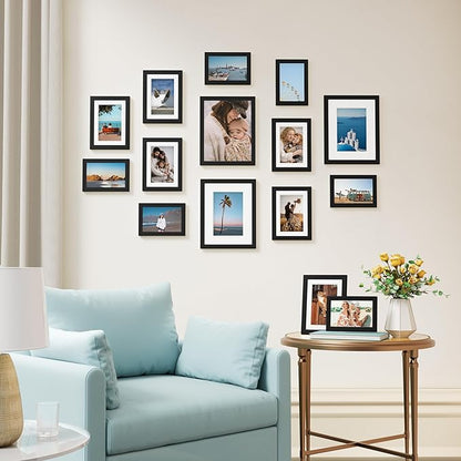 Vittanly 15 Pack Picture Frames Collage Wall Decor for Mounting or Tabletop Display, Gallery Frame Set for Family, Multi Sizes Including 3pcs 8x10, 6pcs 5x7, 6pcs 4x6, Black