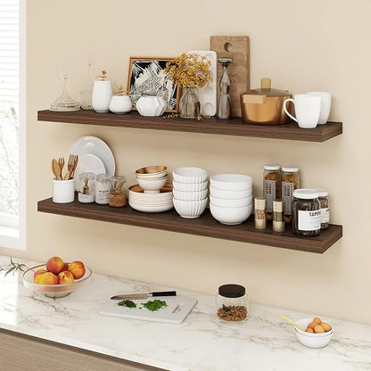 48 Inch Floating Shelves, 9.3" Deep Floating Shelf Wall Mounted, 48" Wall Shelves, Rustic Deep Bookshelf, Large Display Shelves & Storage Shelves for Bedroom, Living Room, Walnut, Set of 1