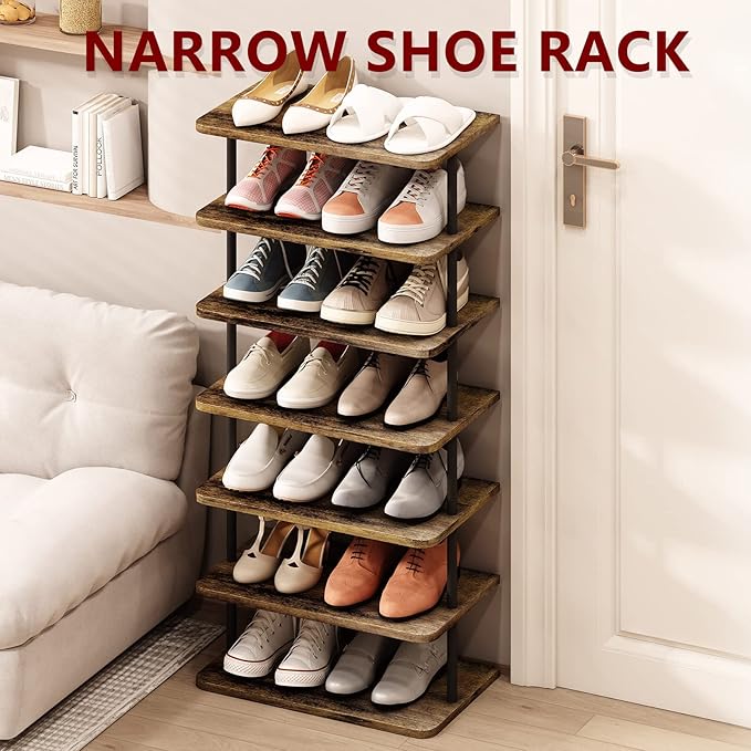 AZERPIAN Shoe Rack 7 Tier Vertical Storage Organizer Double Row Narrow Metal Slim Shelf Modern Free Standing Shoe Tower Saving Space for Closet Entryway Bedroom,Black+Rustic Brown